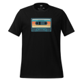 Black t-shirt with a colorful cassette tape graphic