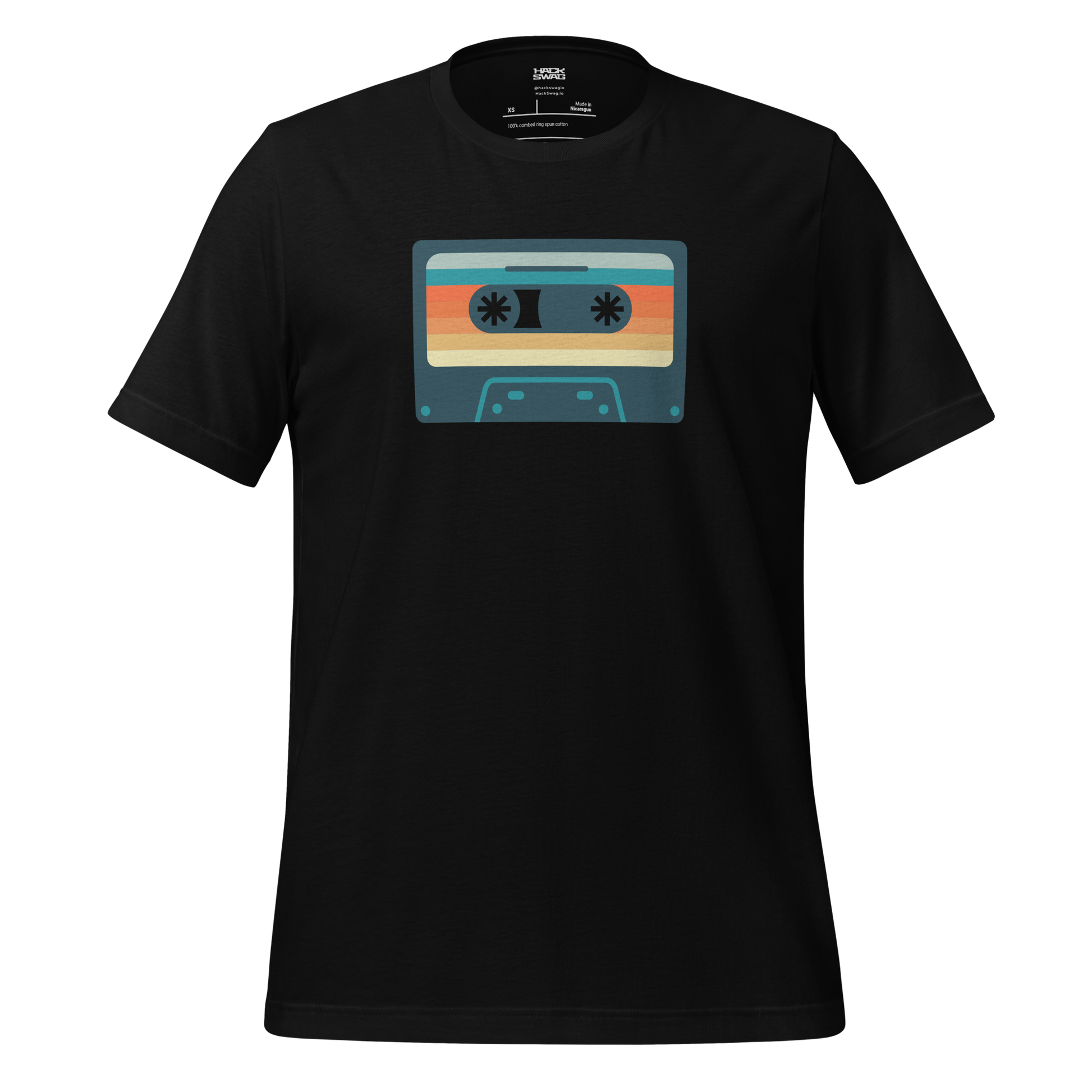 Black t-shirt with a colorful cassette tape graphic