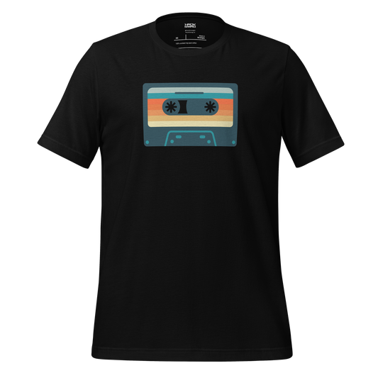 Black t-shirt with a colorful cassette tape graphic