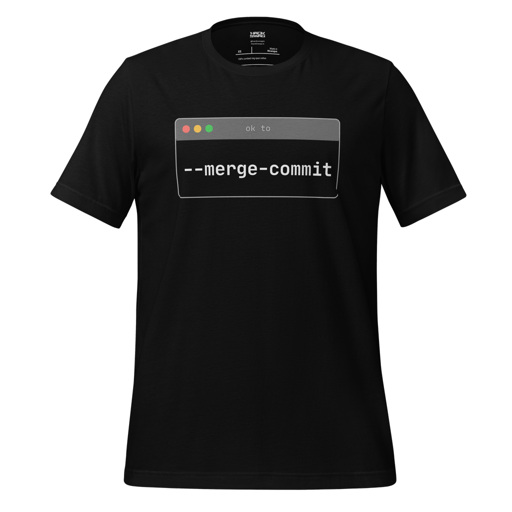 Black t-shirt with a computer interface graphic and text 'merge commit'
