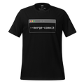 Black t-shirt with a computer interface graphic and text 'merge commit'