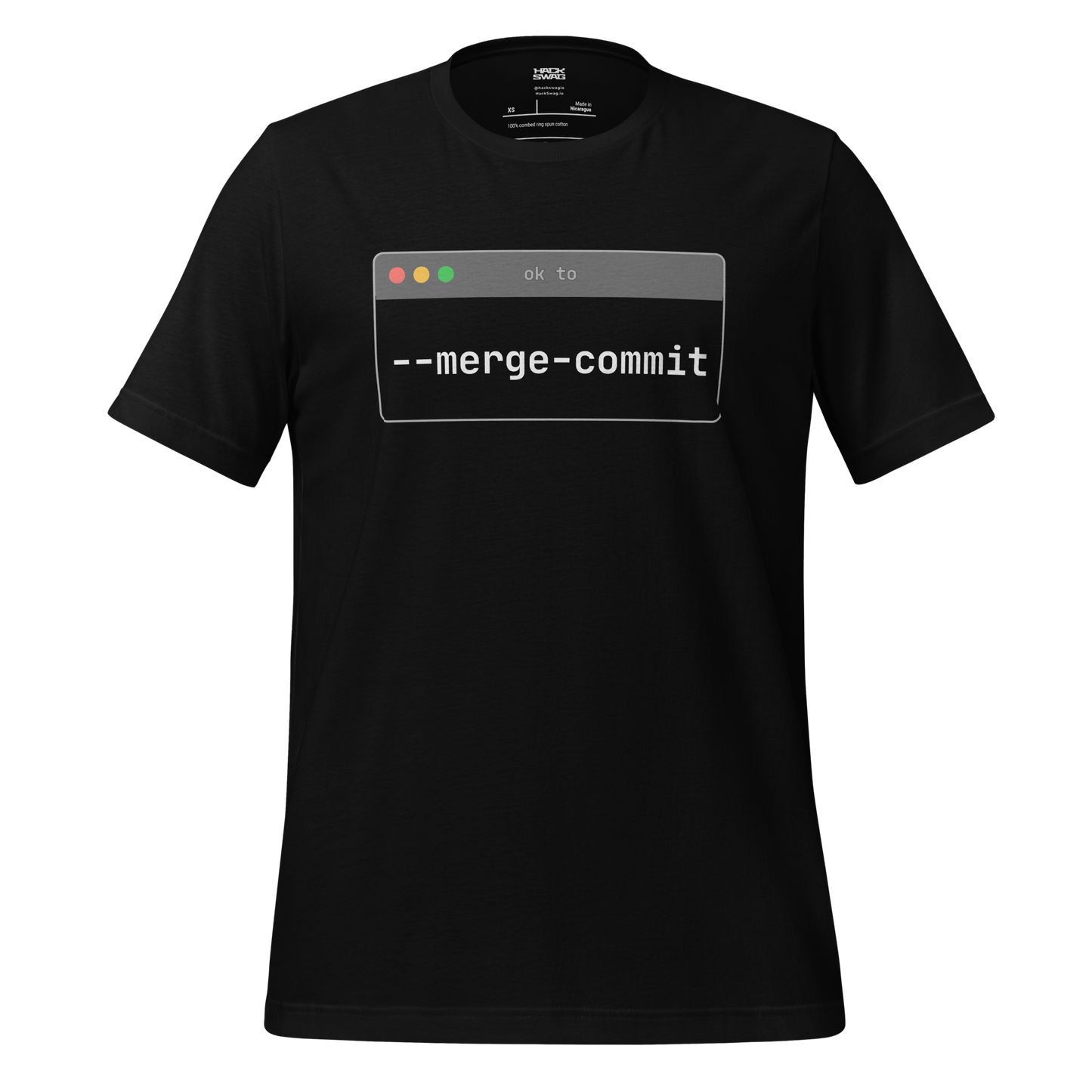Black t-shirt with a computer interface graphic and text 'merge commit'