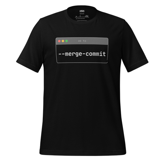 Black t-shirt with a computer interface graphic and text 'merge commit'