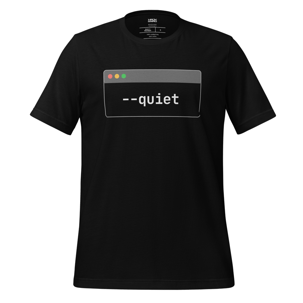 Black t-shirt with a graphic design of command line window word 'quiet'