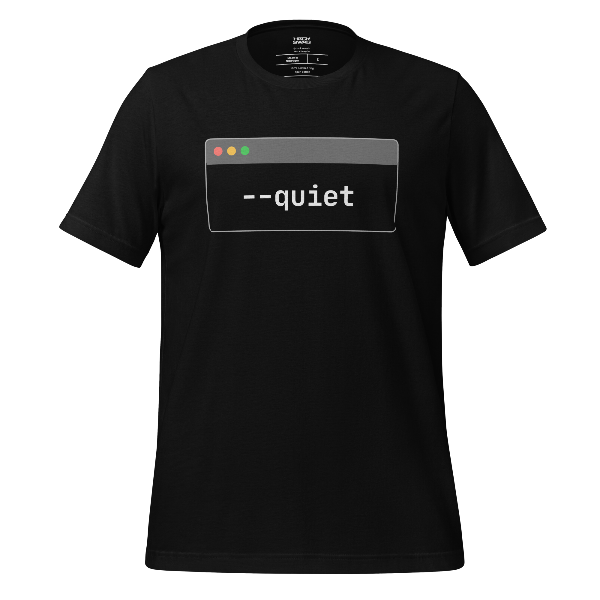 Black t-shirt with a graphic design of command line window word 'quiet'