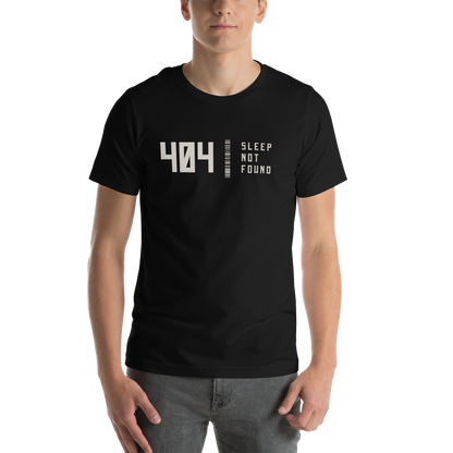 Person wearing a black t-shirt with '404 Sleep Not Found' text on a white background