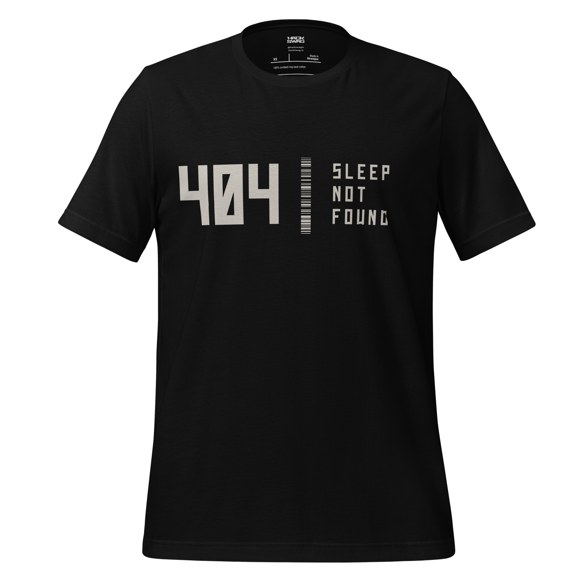 Black t-shirt with white text '404 Sleep Not Found' on a white background