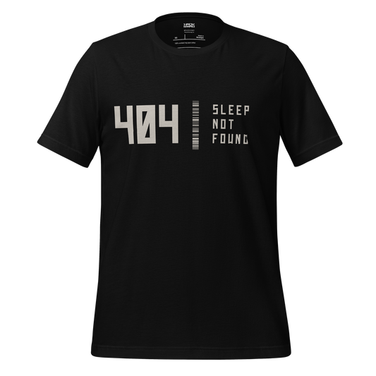 Black t-shirt with white text '404 Sleep Not Found' on a white background