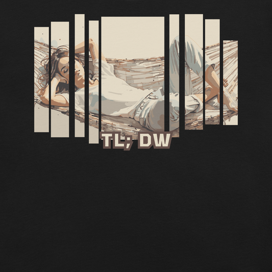 Artistic depiction of a woman lying down with 'TL;DW' text on a black background