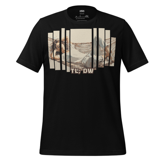 Black t-shirt with graphic design of person relaxing on hammock and text 'TL DW' 