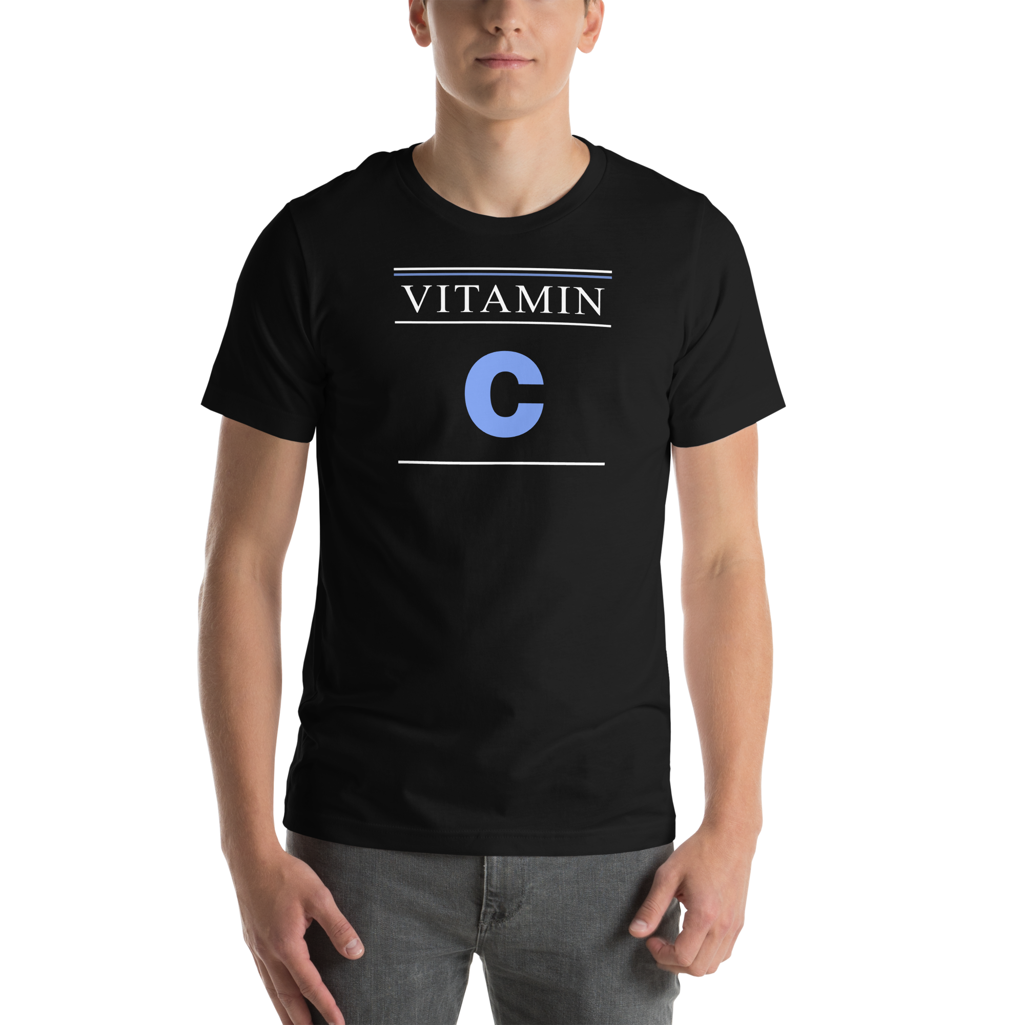 Person wearing a black t-shirt with 'VITAMIN C' printed on it.
