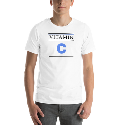 Person wearing a white t-shirt with 'VITAMIN C' print on a white background