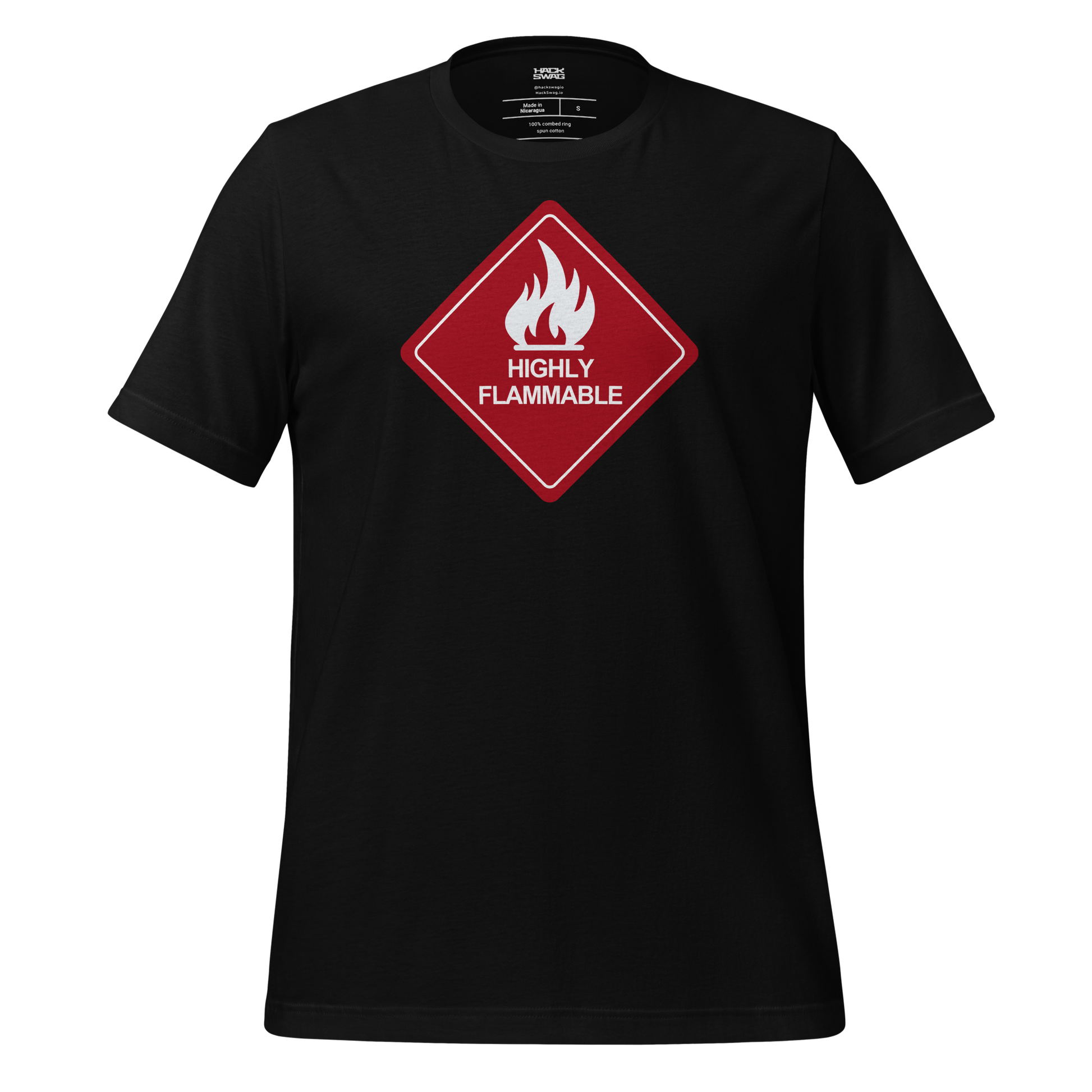 Black t-shirt with a red and white 'Highly Flammable' sign on a white background