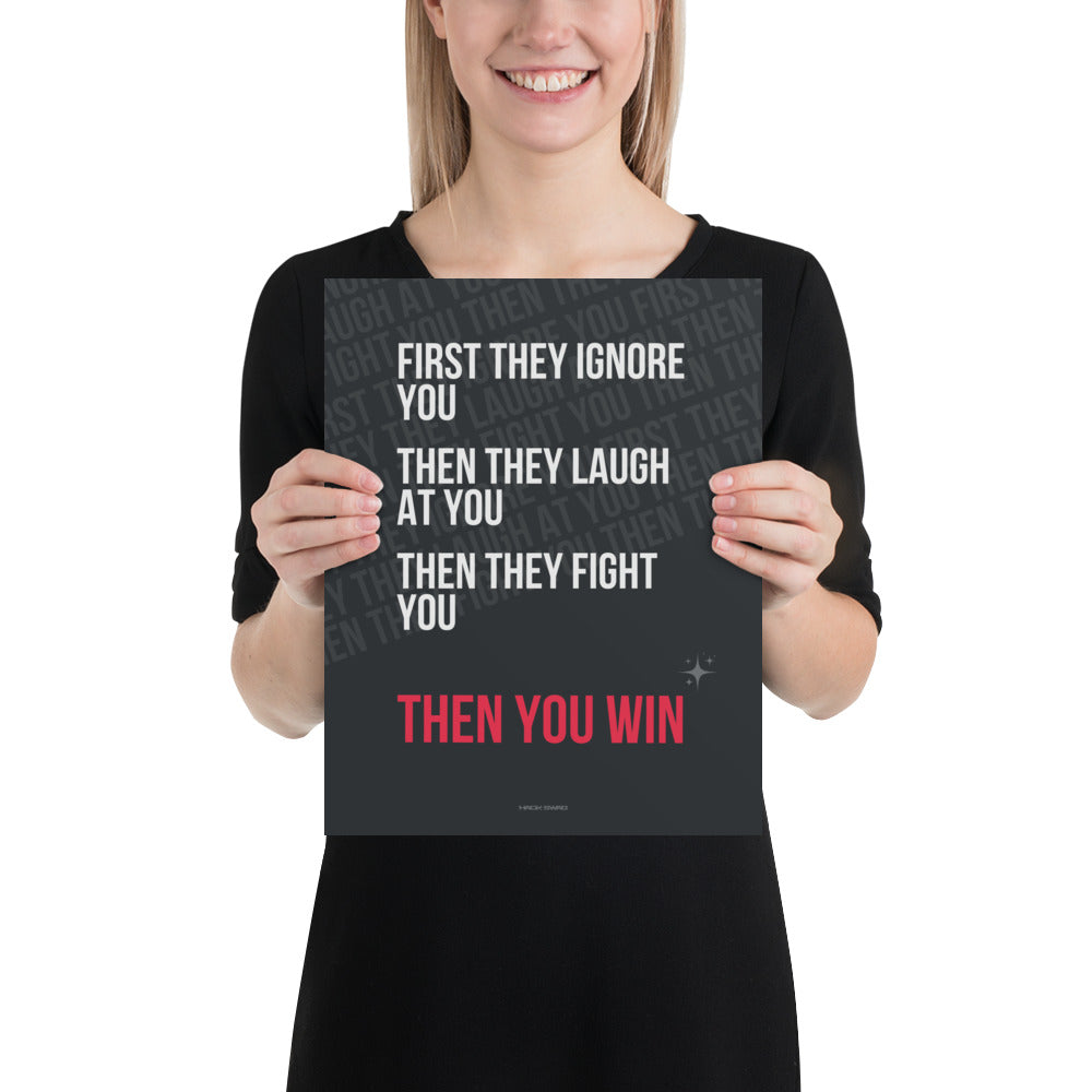 Person holding a motivational poster with text on a white background