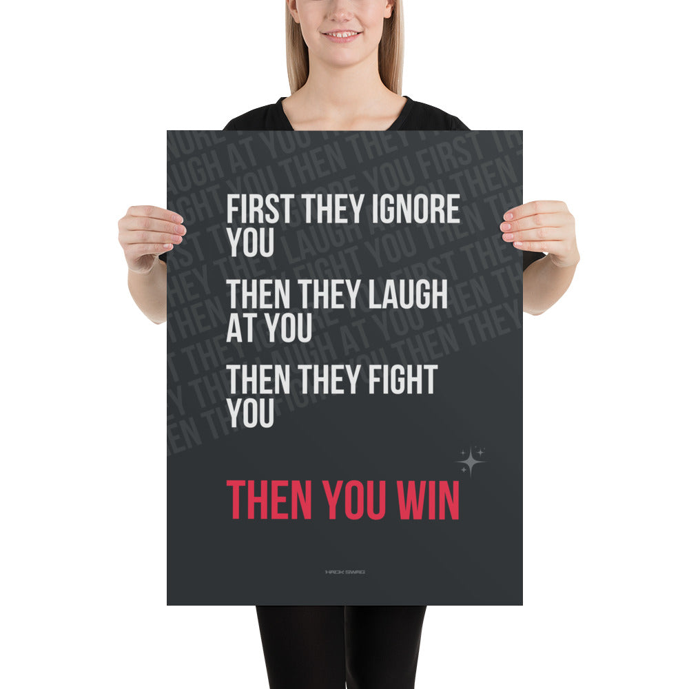Person holding a motivational poster with text on a white background