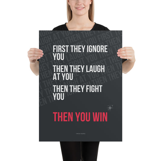 Person holding a motivational poster with text on a white background