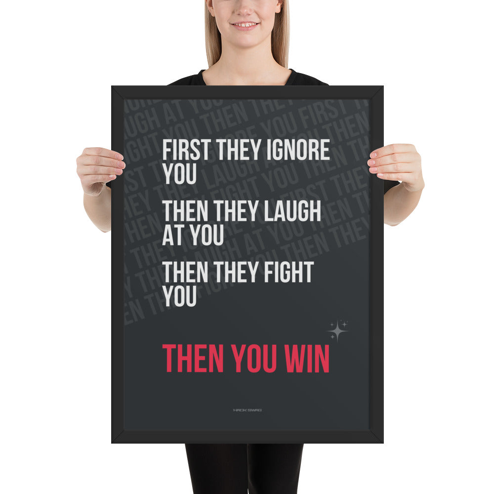 Person holding a framed poster with motivational quote on a white background
