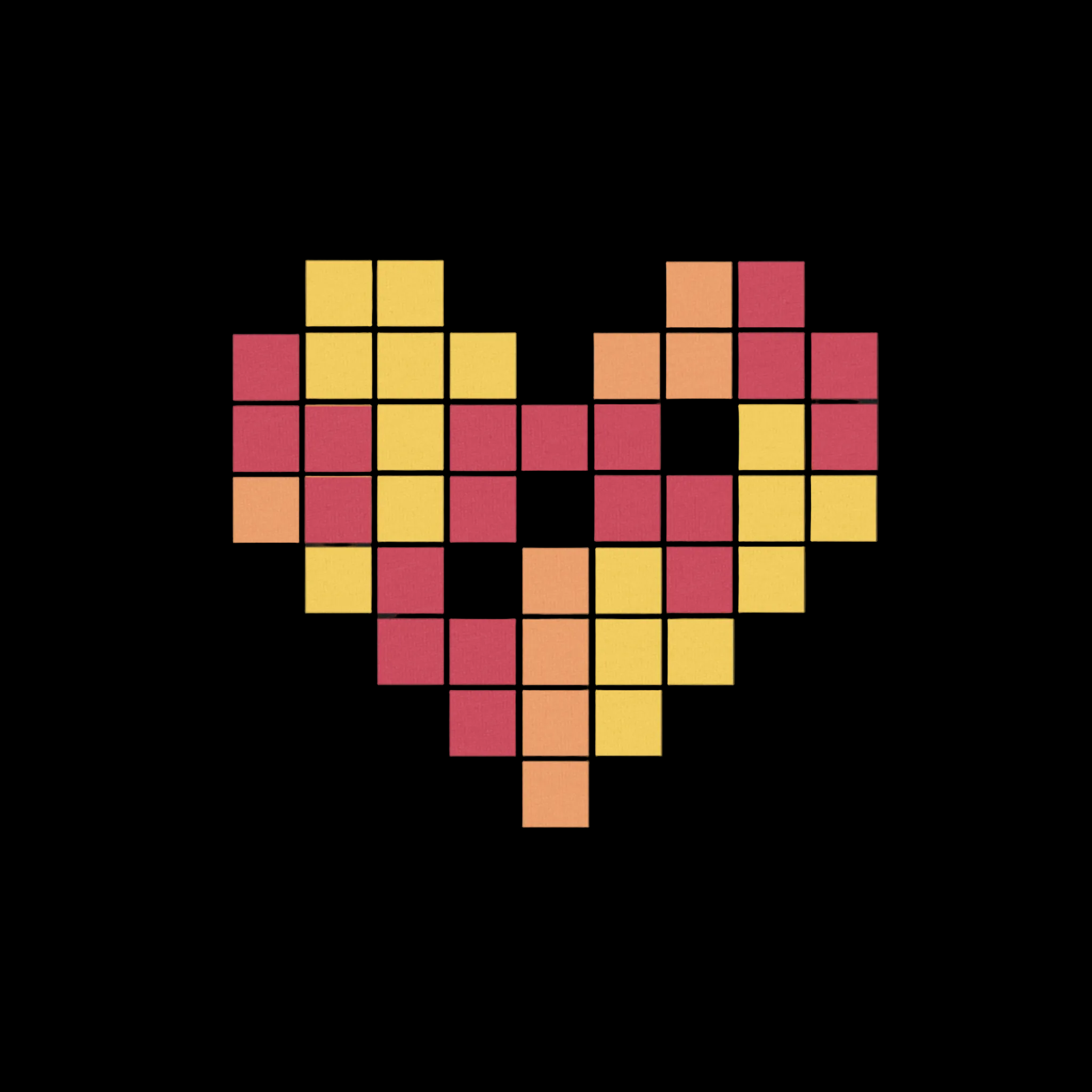 Pixelated heart shape in pink, yellow, and orange on a black background