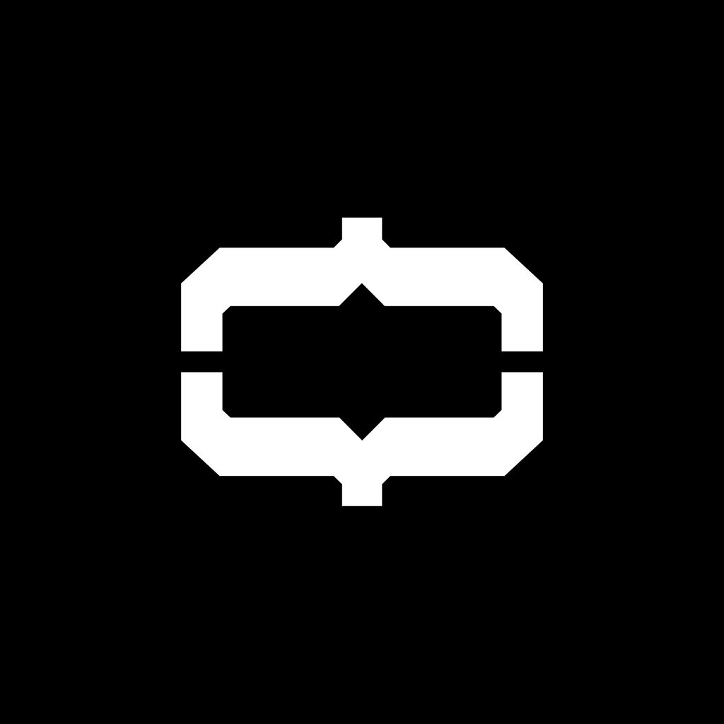 White shape with up and down curly brackets on a black background