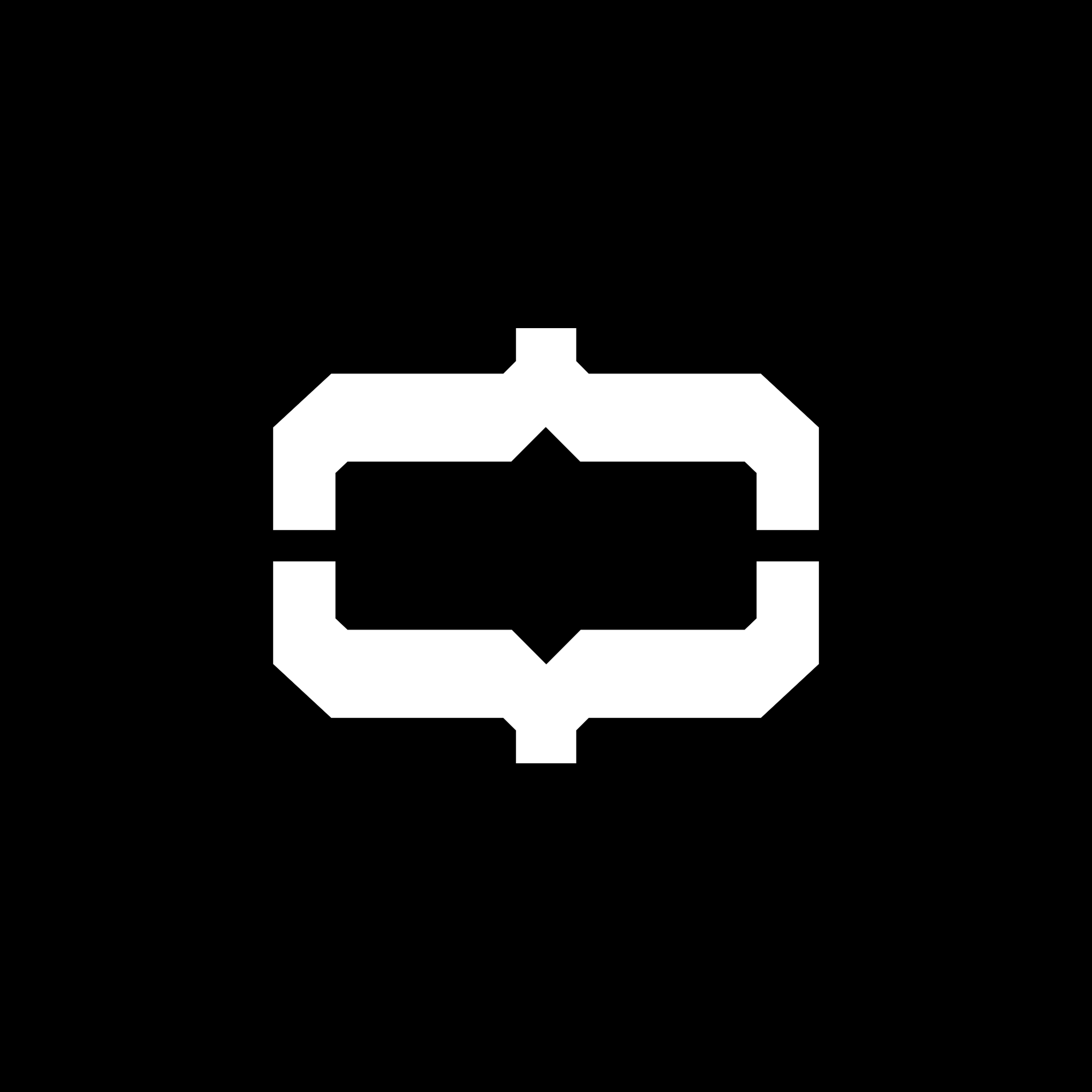 White shape with up and down curly brackets on a black background