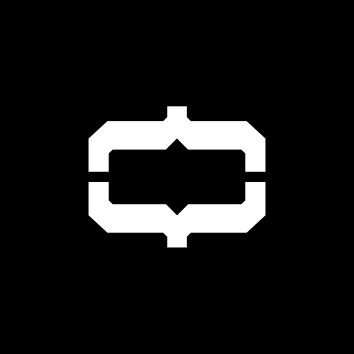 White shape with up and down curly brackets on a black background