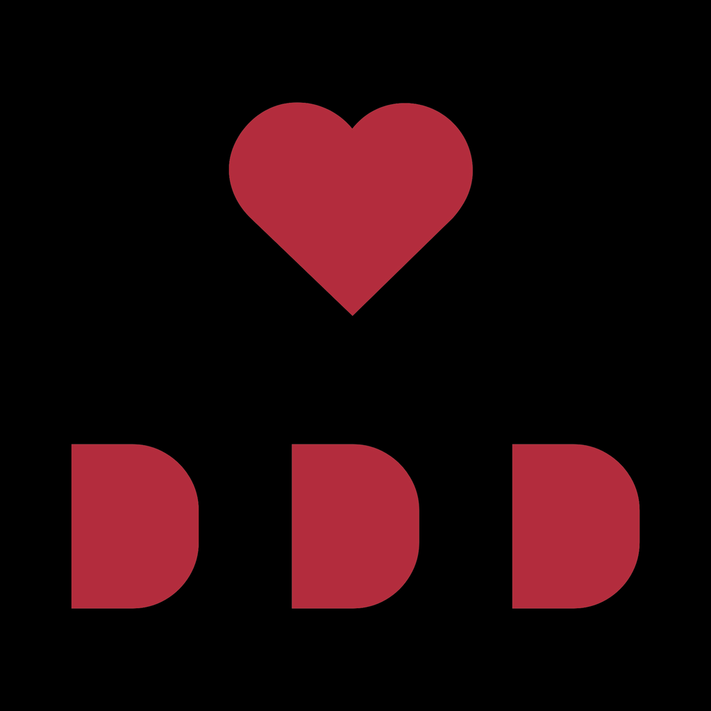 Red heart and 'DDD' text on a black background