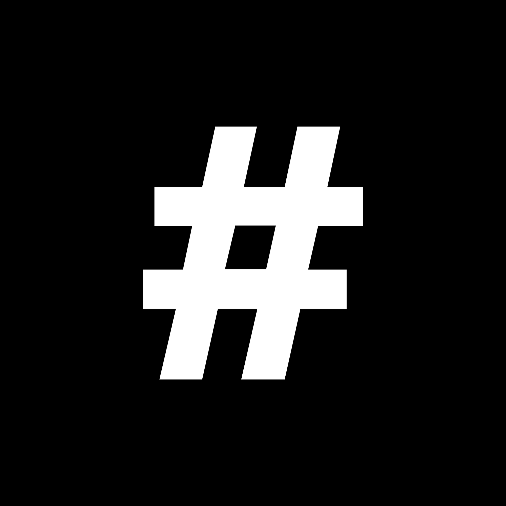White hashtag symbol on a black background