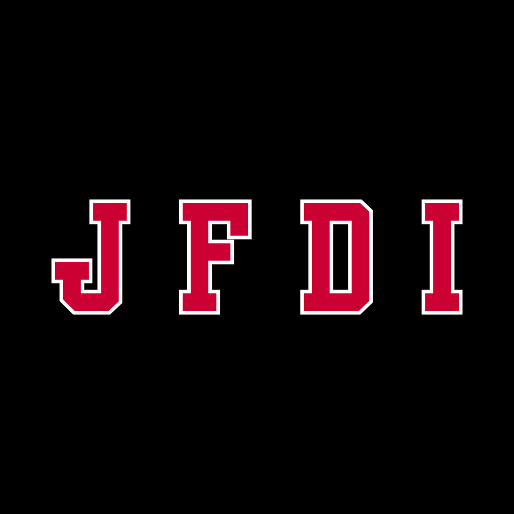 Red text 'JFDI' on a black background