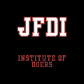 Text 'JFDI' in large white letters with 'INSTITUTE OF DOERS' below on a black background