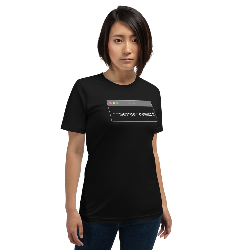 Person wearing a black t-shirt with a graphic design on a white background