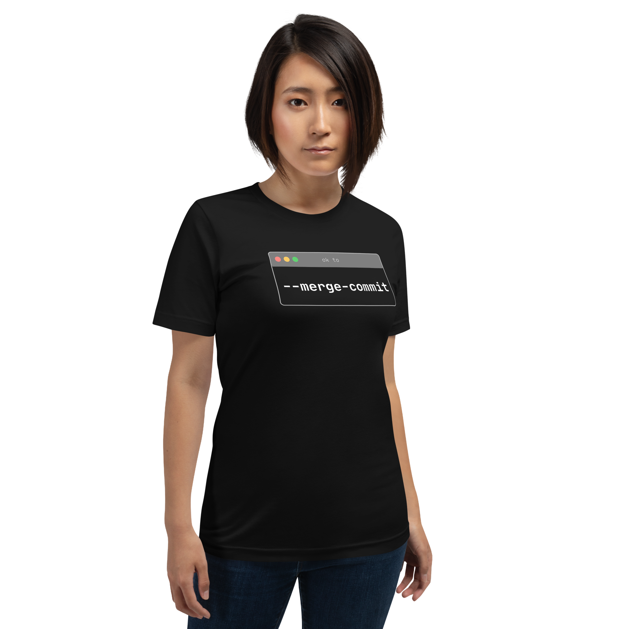 Person wearing a black t-shirt with a graphic design on a white background
