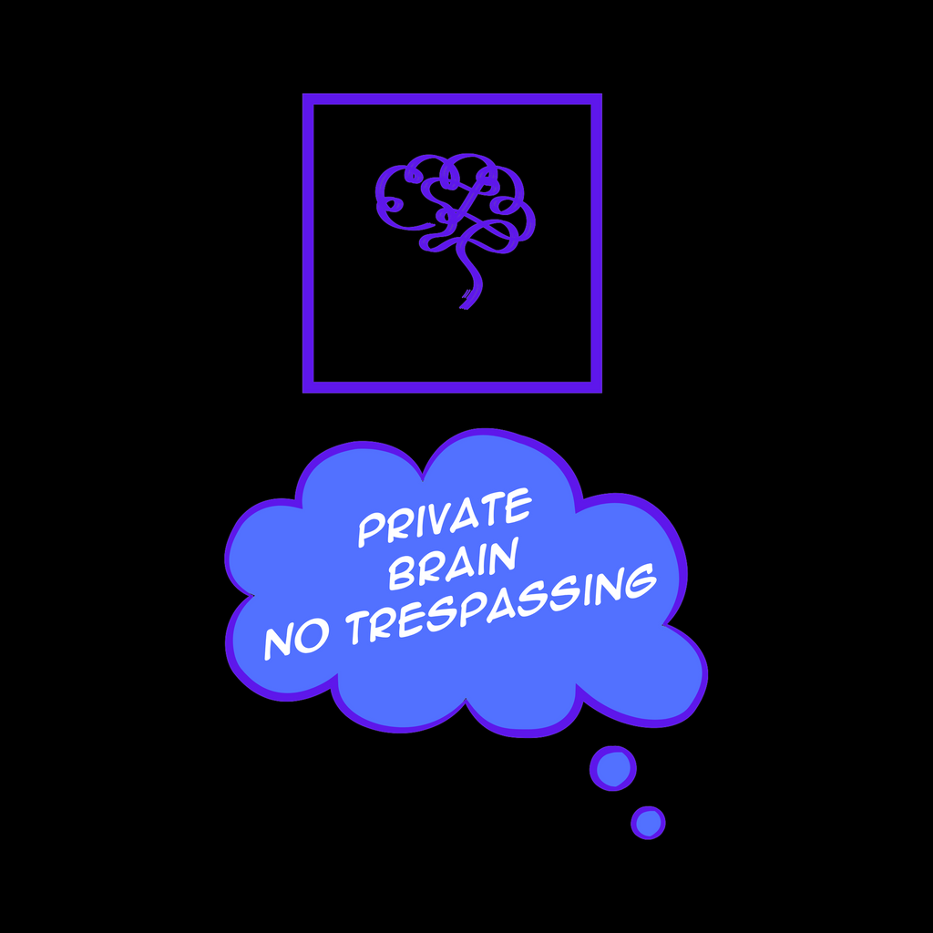 Purple brain icon above a blue thought bubble with 'Private Brain No Trespassing' text on a black background