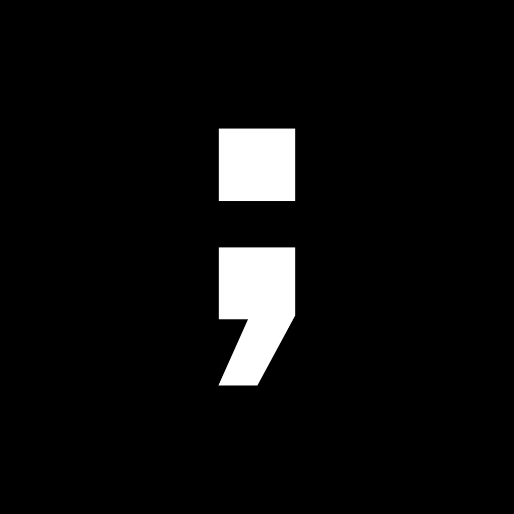 White semicolon symbol on a black background