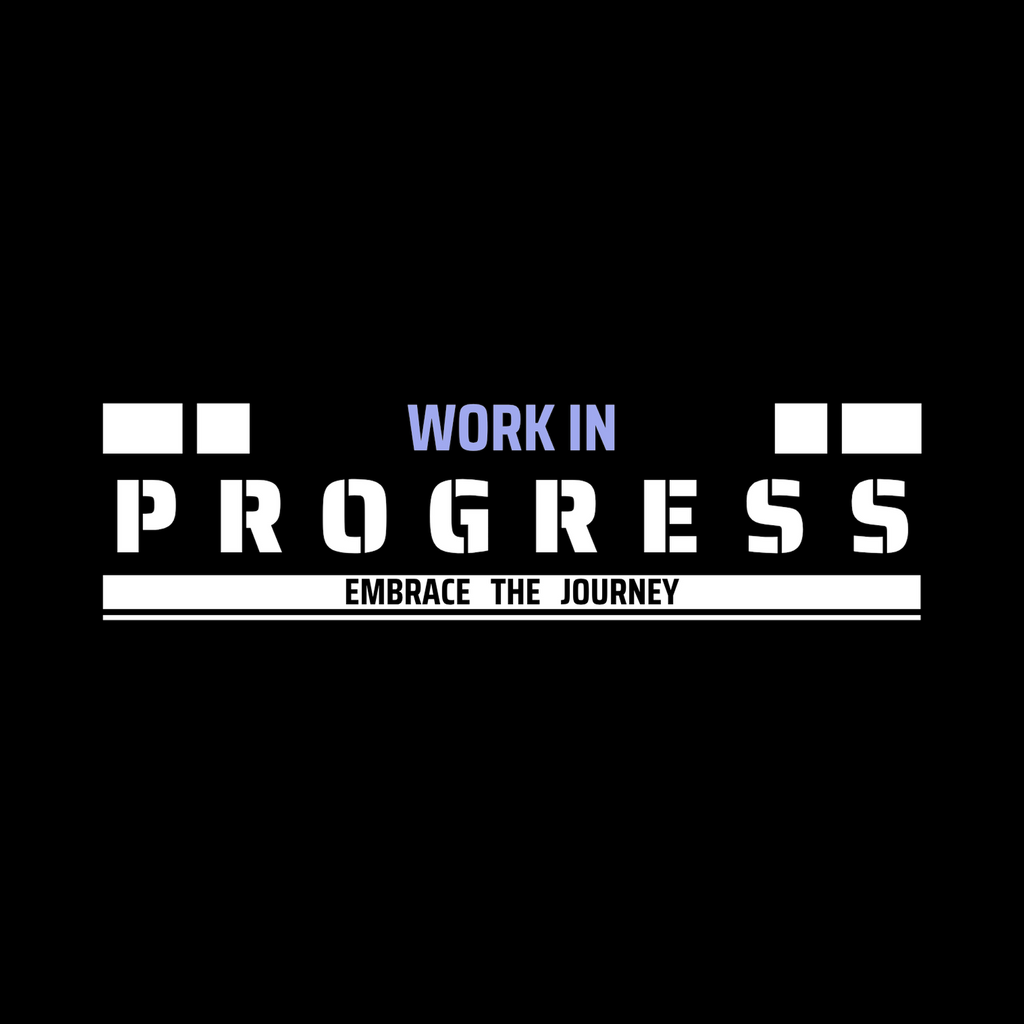 motivation text 'work in progress. embrace the journey' on black background