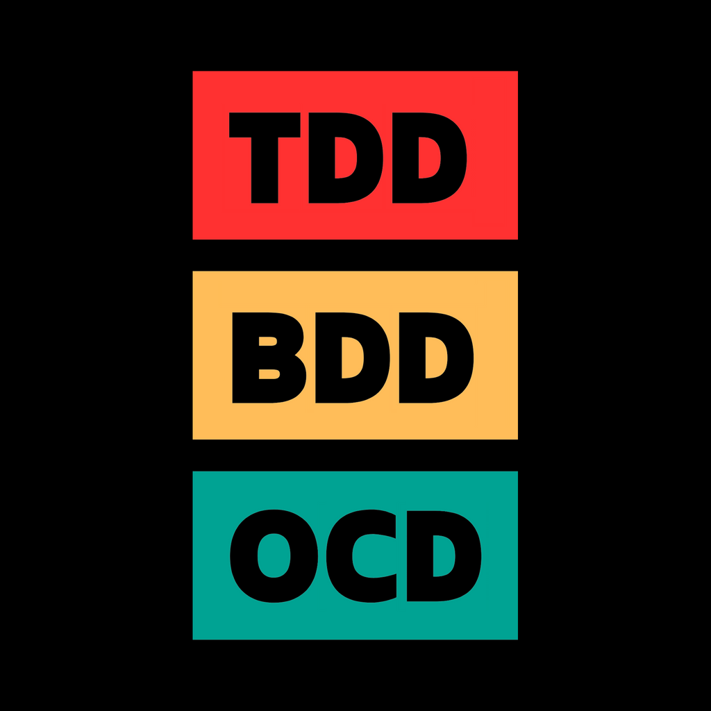 Three rectangular blocks with 'TDD', 'BDD', and 'OCD' text on a black background.