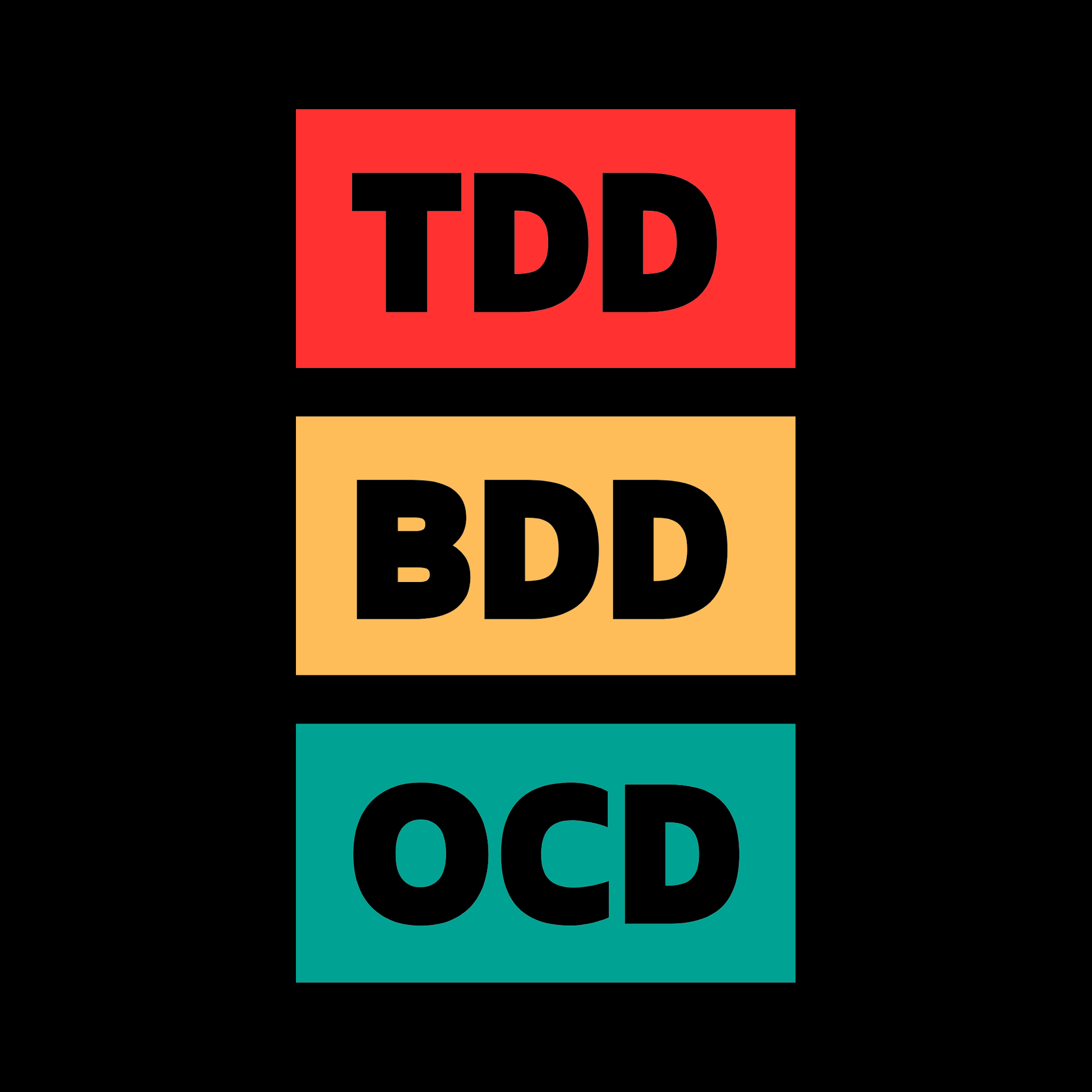 Three rectangular blocks with 'TDD', 'BDD', and 'OCD' text on a black background.