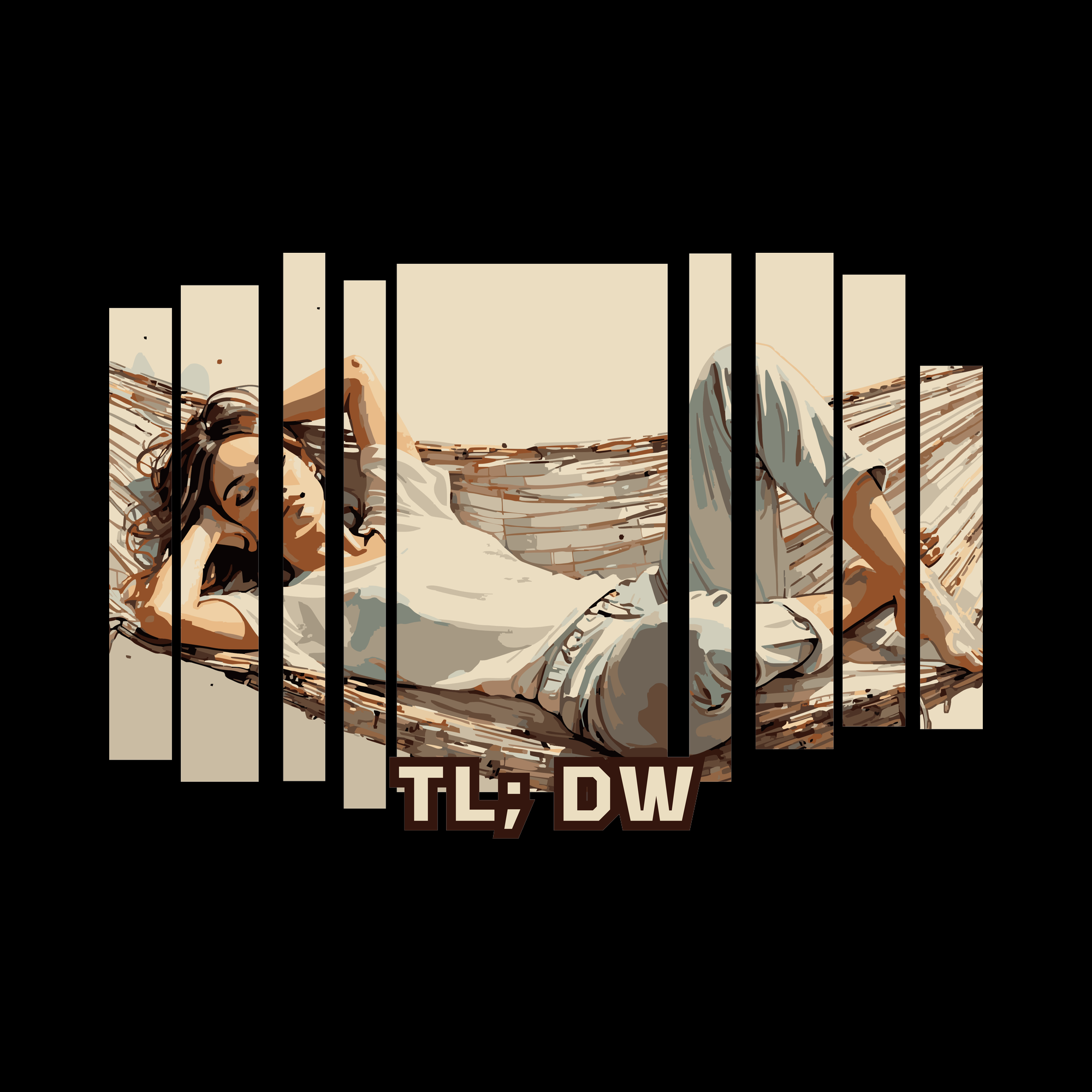 Artistic depiction of a woman lying down with text 'TL;DW' on a black background