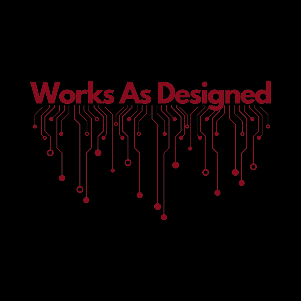 Works As Designed Lite design swatch on black - Hack Swag developer tee