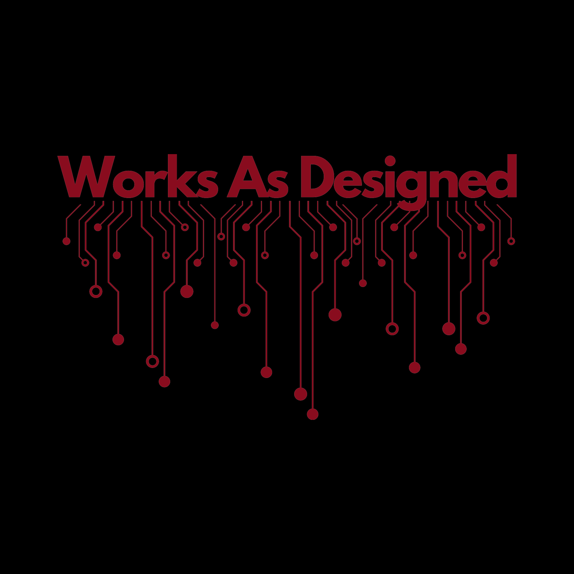 Works As Designed Lite design swatch on black - Hack Swag developer tee