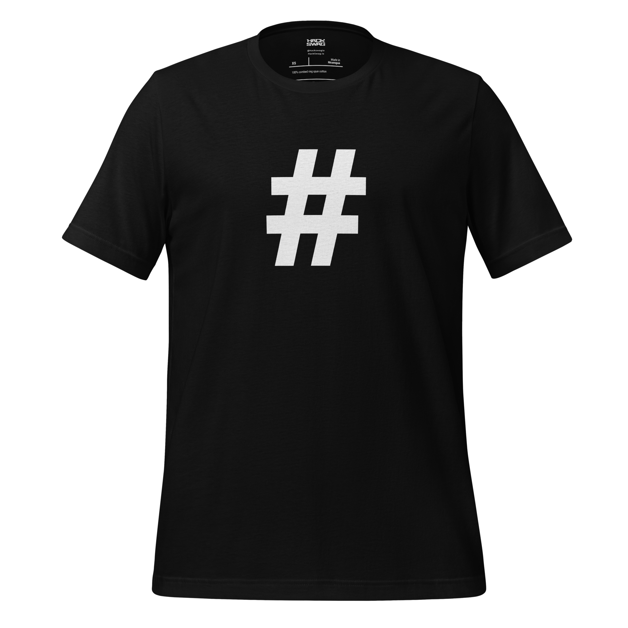 Black t-shirt with a white hashtag symbol