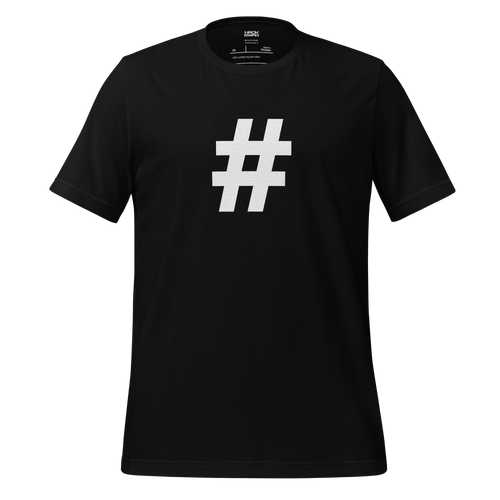 Black t-shirt with a white hashtag symbol