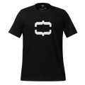 Black t-shirt with a white up-and-down curly braces spaced out like an open mouth