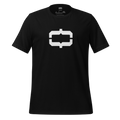 Black t-shirt with a white up-and-down curly braces