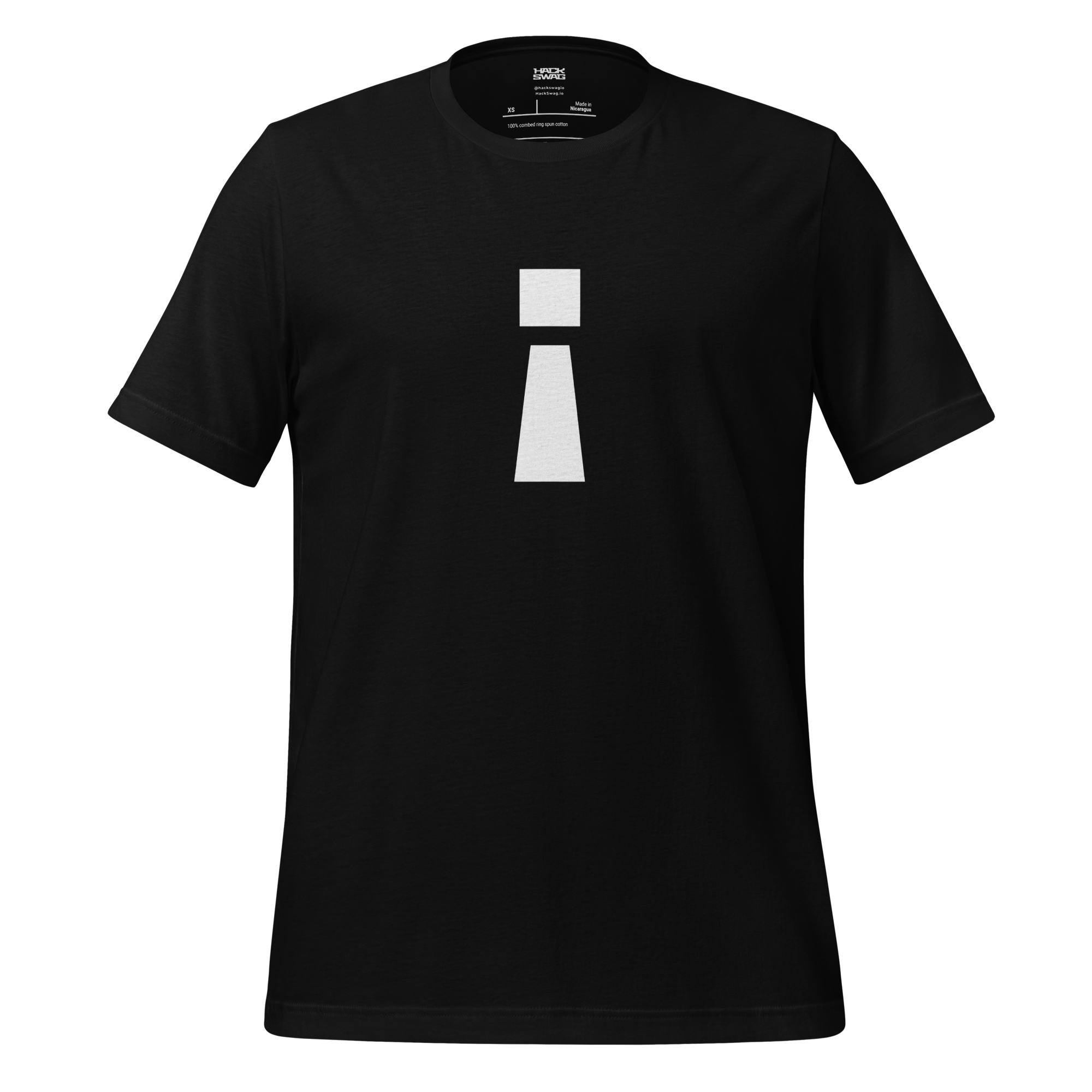 Black t-shirt with a white inverted exclamation mark