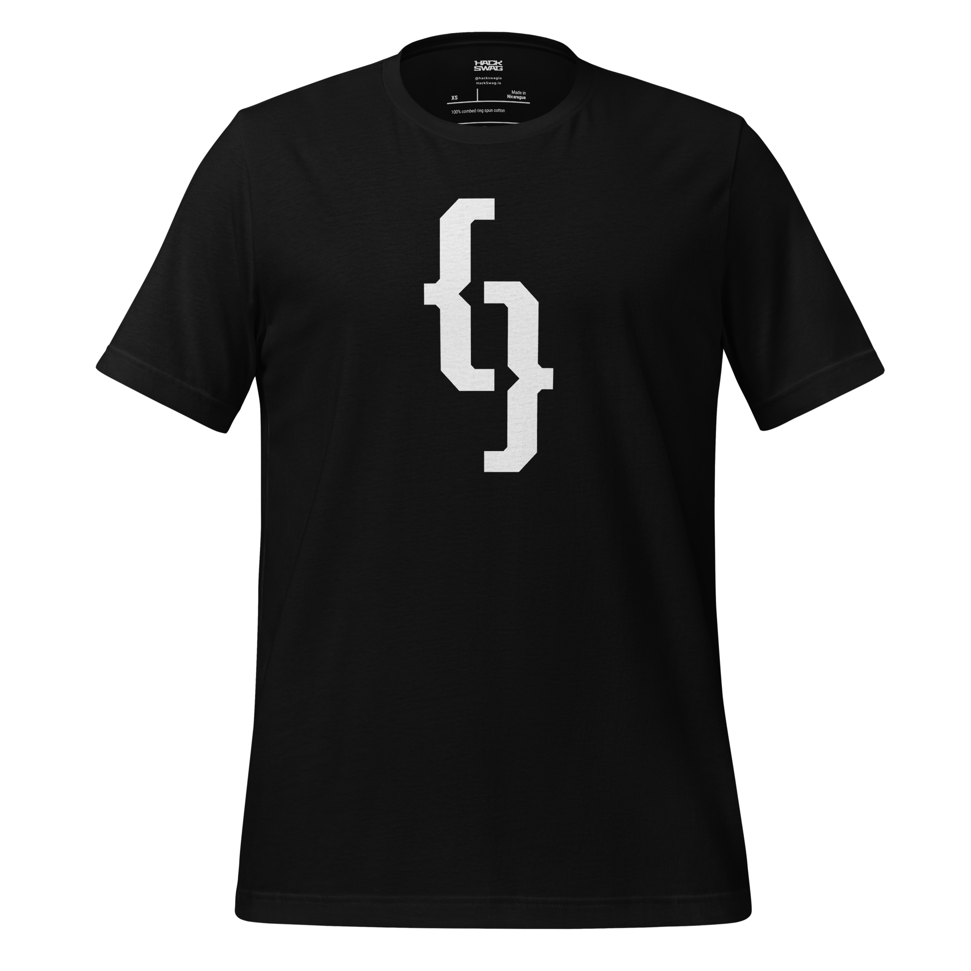 Black t-shirt with a white curly braces design