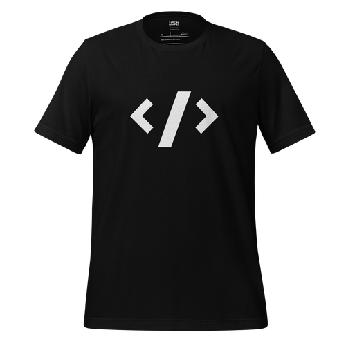 Black t-shirt with white tag design representing coding