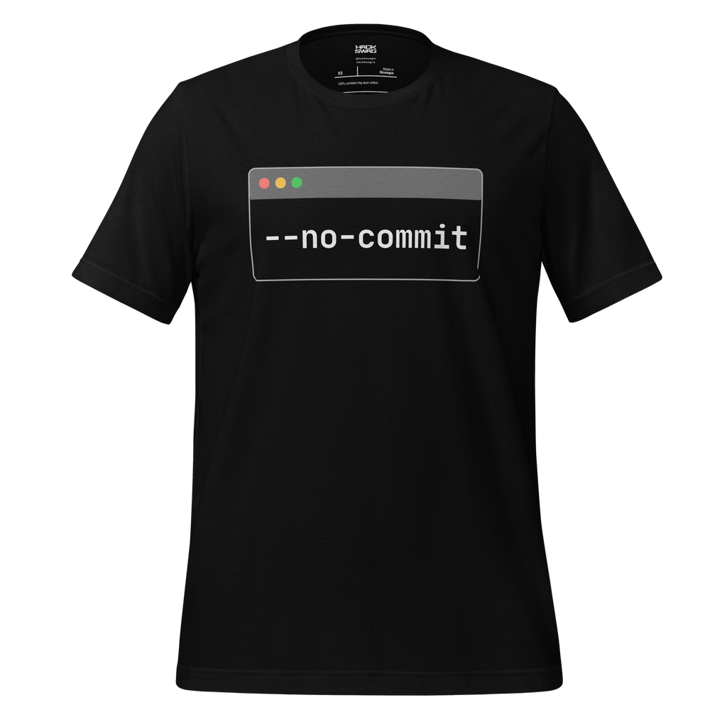 Black t-shirt with '--no-commit' design on a white background