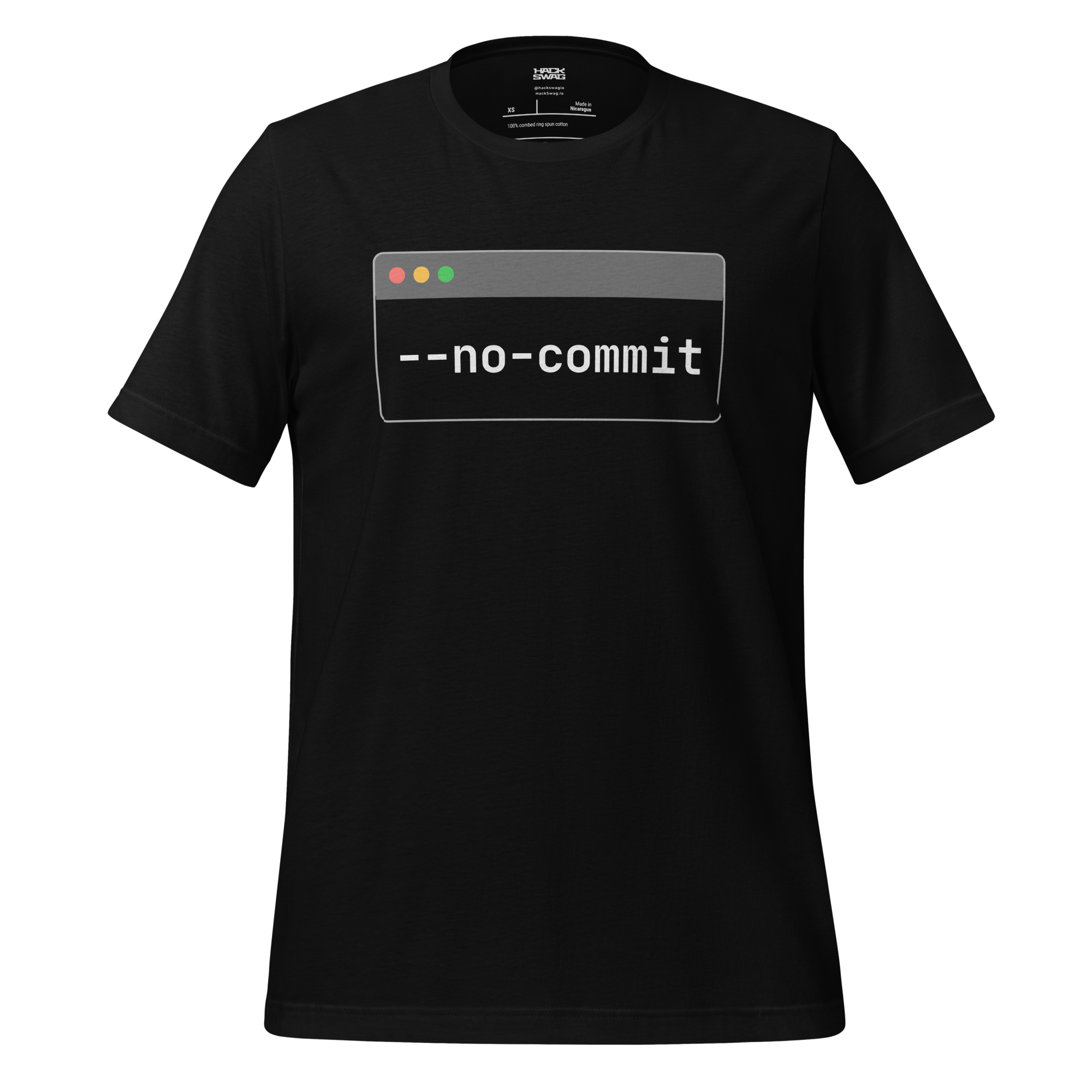 Black t-shirt with '--no-commit' design on a white background