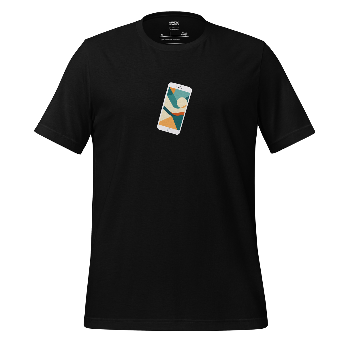 A black short-sleeve crewneck t-shirt featuring a small graphic print of a smartphone displaying a minimalist landscape design on the left chest.